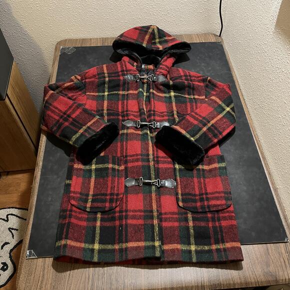 Braetan Jackets & Blazers - Braetan Duffle Coat Womens Small Plaid Hooded Toggle Fireman Lobster Clasp USA